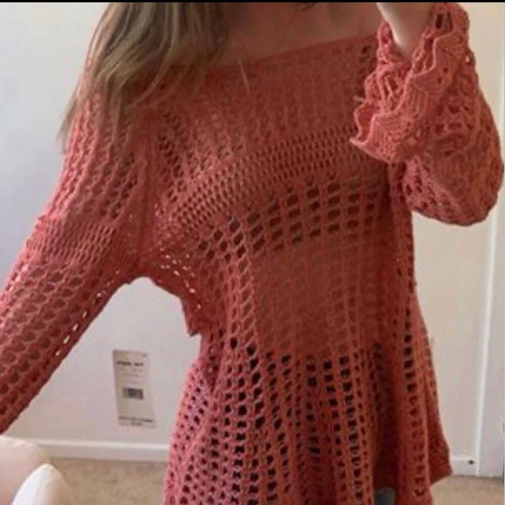 Free People Annabelle Crochet Pullover Fisherman Boho Sweater Coral Pink Medium - Picture 3 of 10
